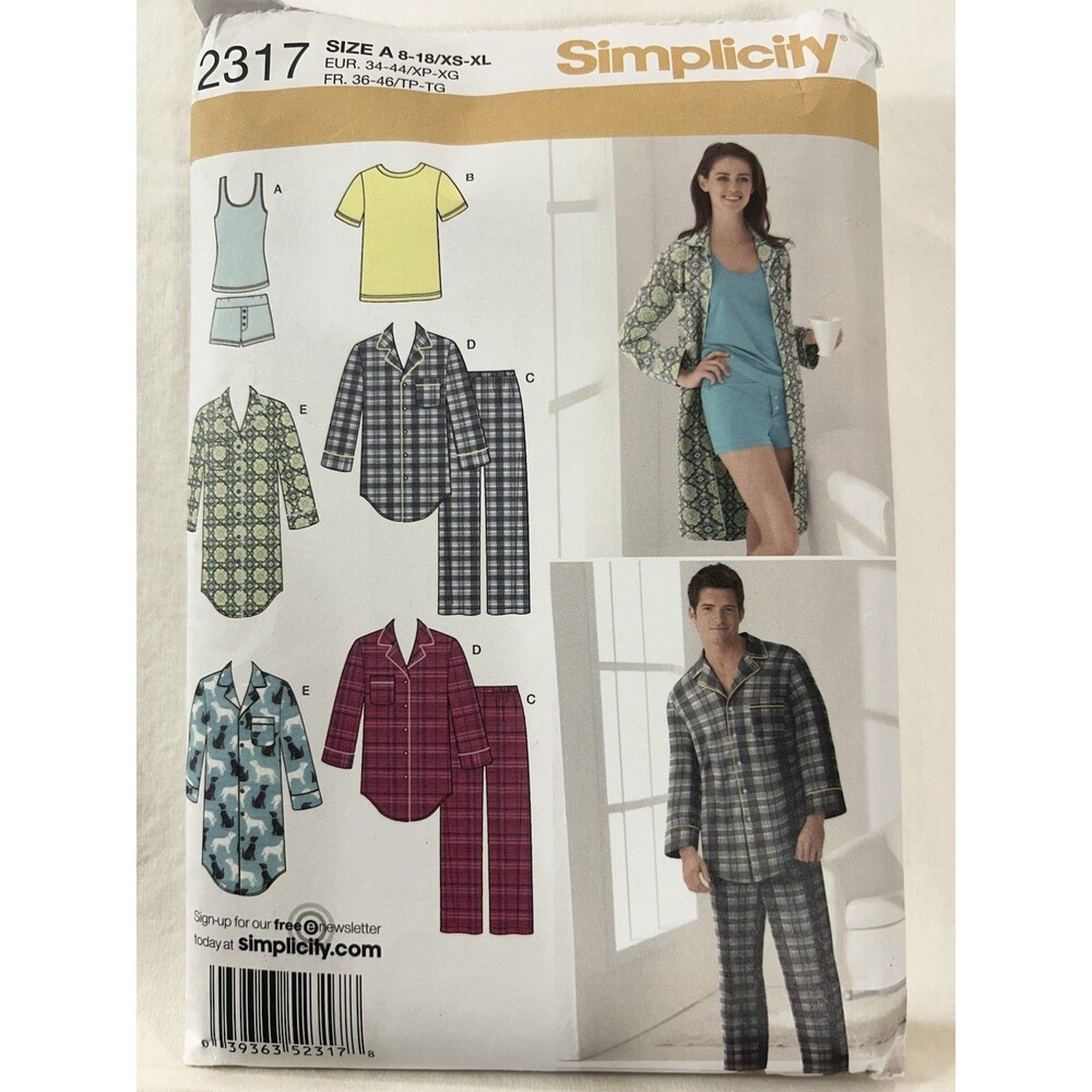 Simplicity Sewing Pattern 2317 Misses/Mens Garments Sz 8-18/XS-XL cut